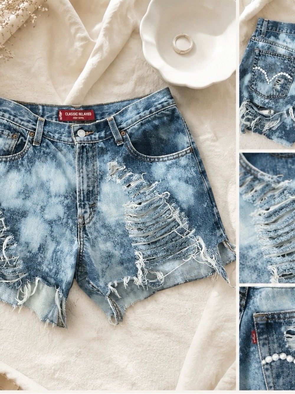Reconstructed Levi's 550 Denim Shorts|Bleached, Distressed & Embellished Blue - Picture 5 of 5